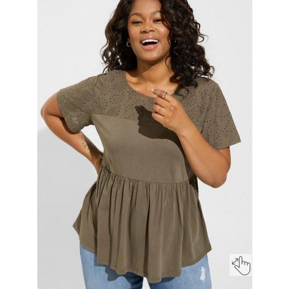 Eyelet Yoke Peplum Tee - Olive